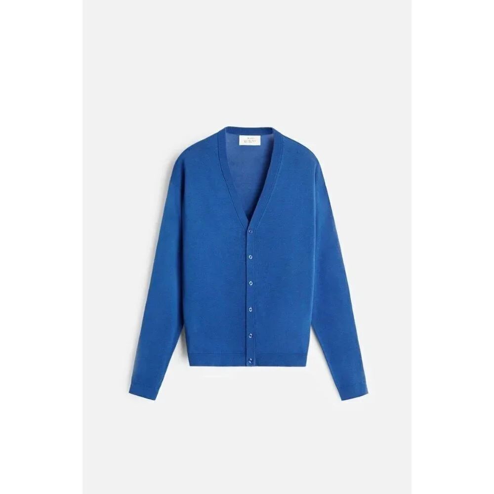 Zara Origins Mens Cardigan Sweater M Blue Silk Cotton Long Sleeve 5755/312 NWT
